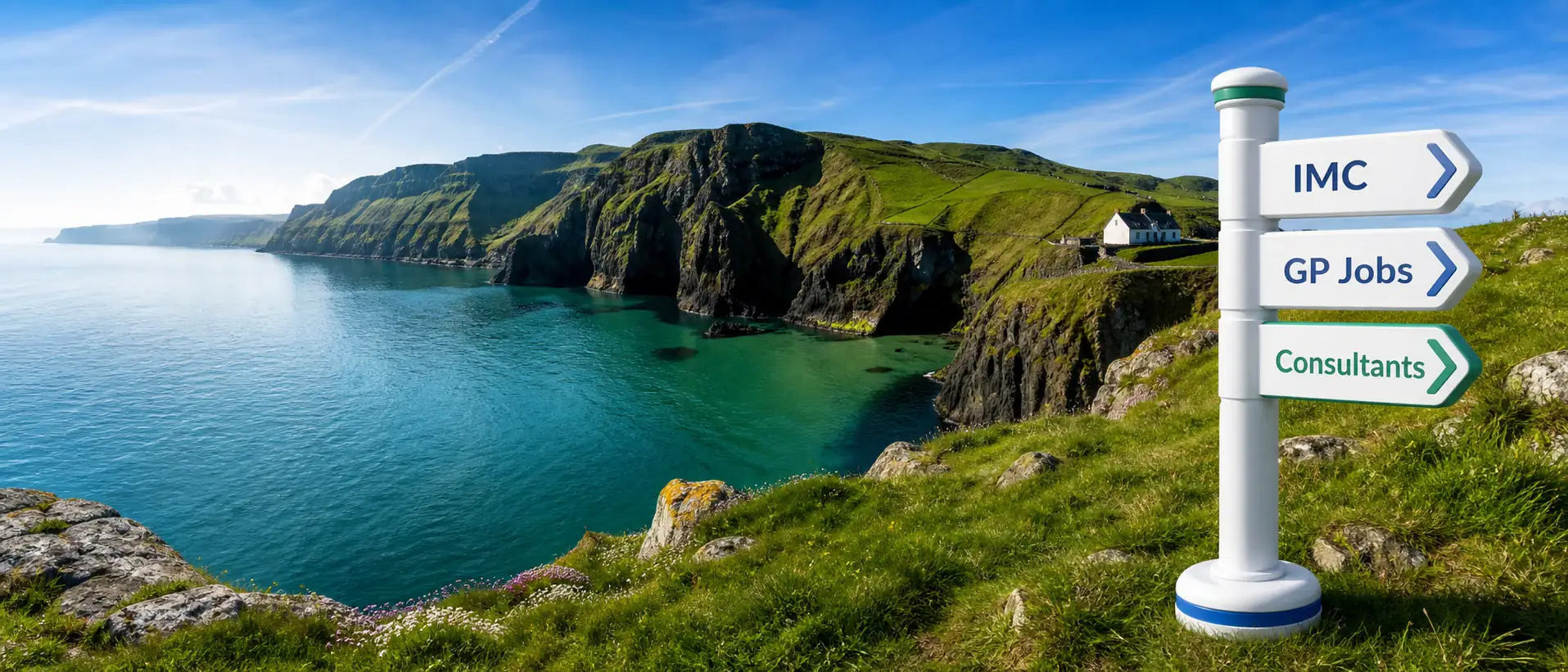 Paisaje costero de Irlanda con señales clínicas hacia IMC, GP Jobs y Consultants